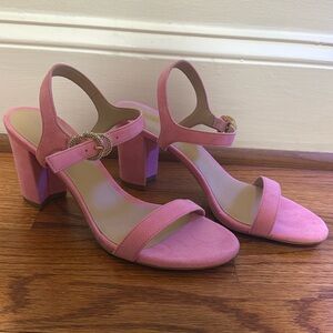 Stuart Weitzman pink suede Crystal buckle block heels